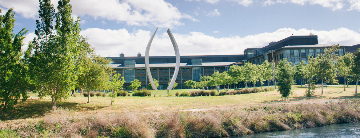 UC Merced Beginnings sculpture surrounded trees and a building